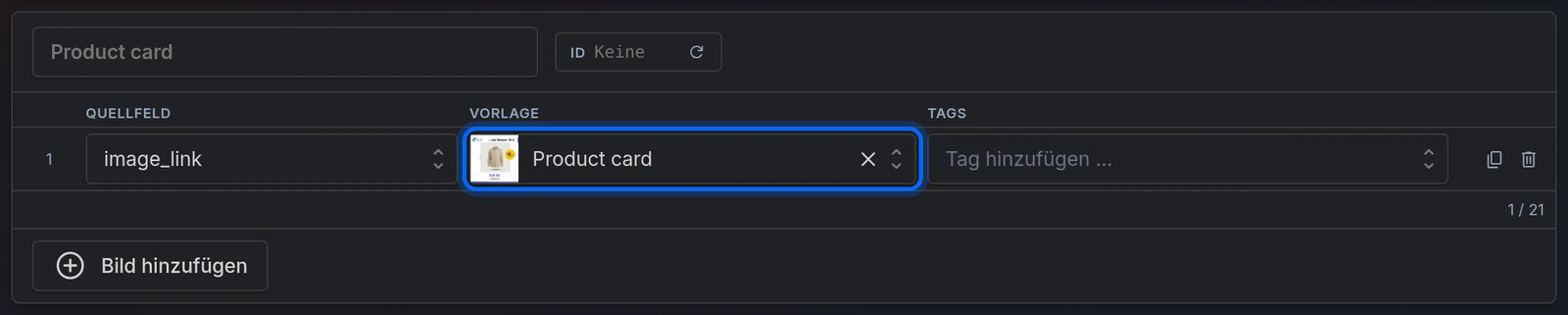 Eine Bildzeile, gerendert mit der Vorlage Product card