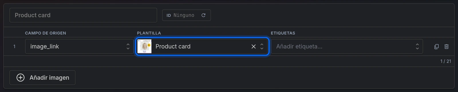 Una fila de imagen renderizada con la plantilla Product card