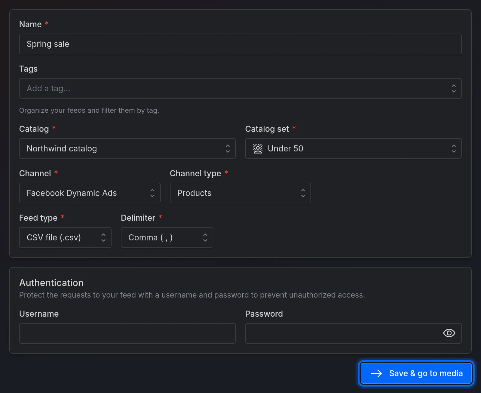 The New feed form, filled in