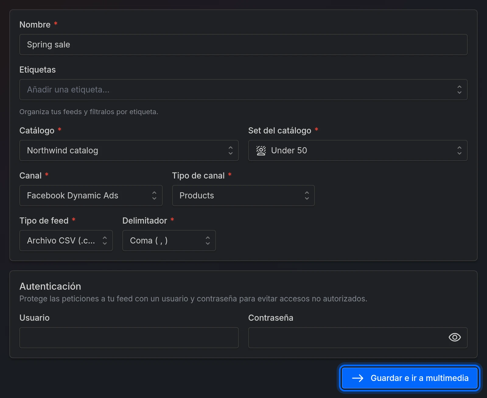 El formulario Nuevo feed, rellenado