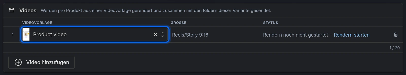 Der Abschnitt Videos mit einer gewählten Videovorlage