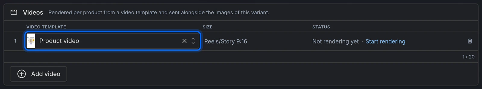 The Videos section, with a video template chosen