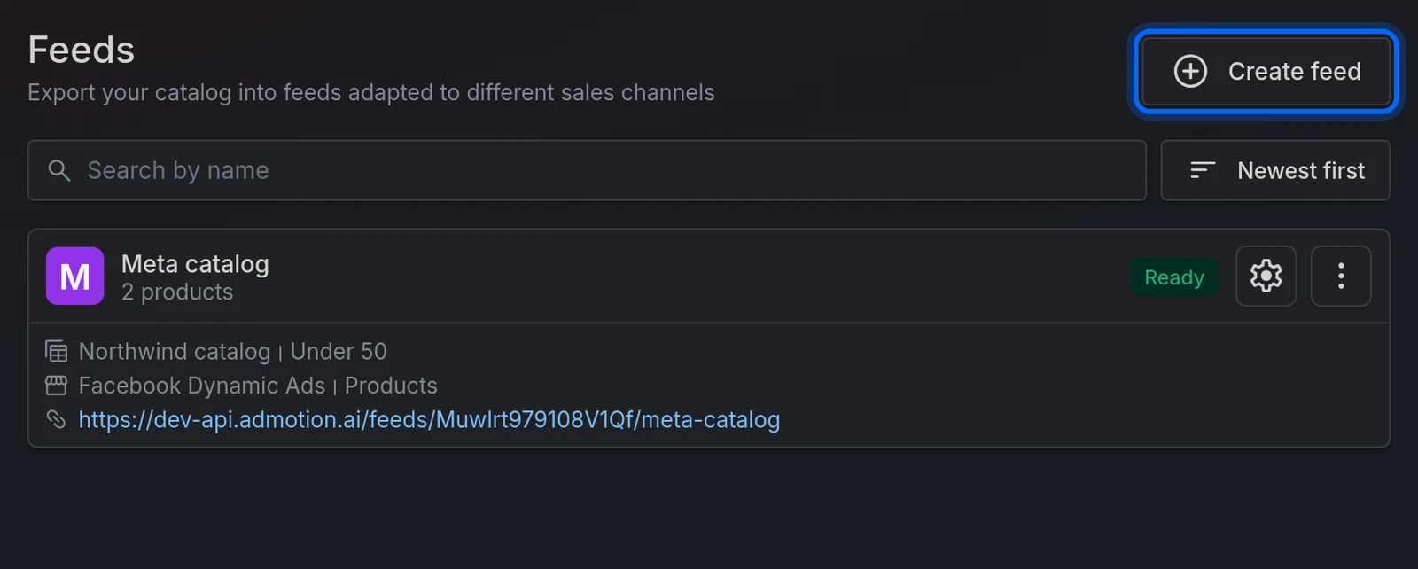 The Feeds list, with the Create feed button