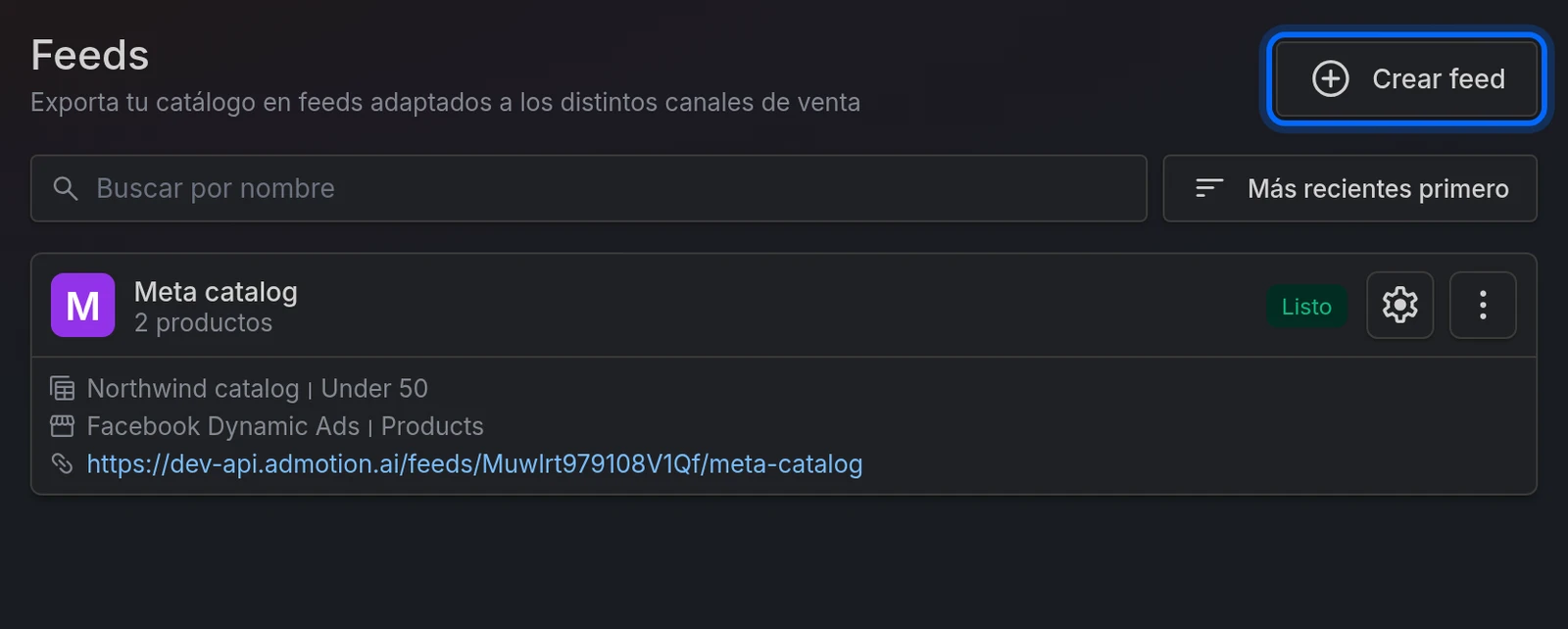 La lista de Feeds, con el botón Crear feed