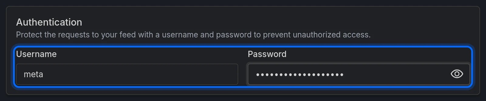 The Authentication section of the feed settings, with Username and Password filled in