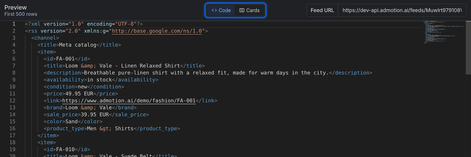 The Preview tab of an XML feed, with the view switcher and the Code view
