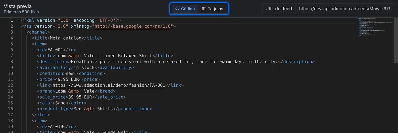 La pestaña Vista previa de un feed XML, con el selector de vistas y la vista Código