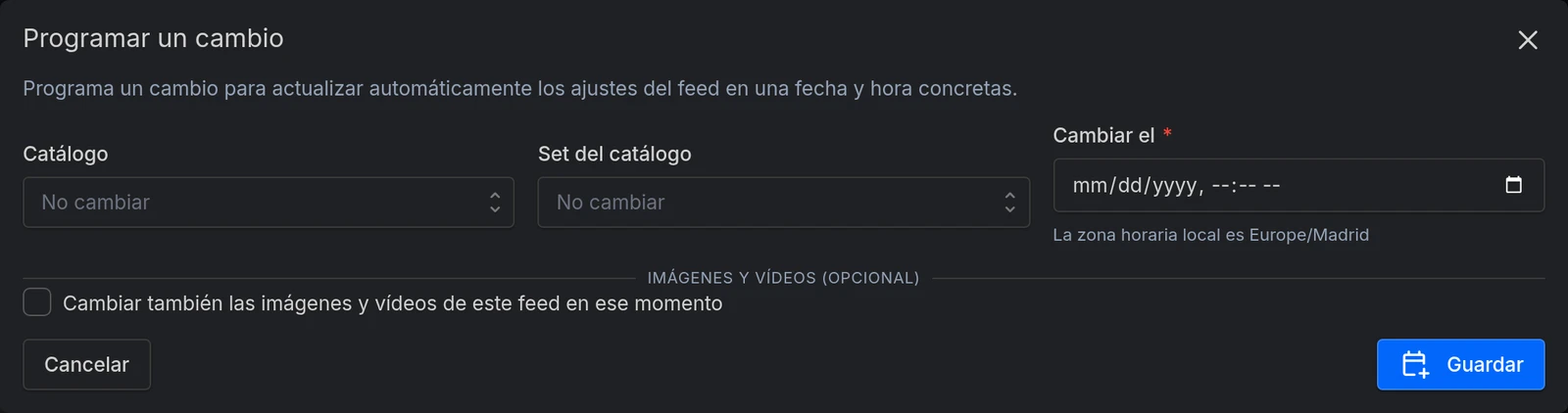 El diálogo Programar un cambio: catálogo, set, imágenes y el momento de aplicarlos
