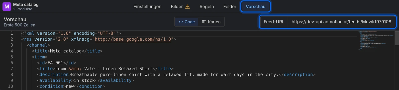 Der Reiter Vorschau mit dem Feld Feed-URL oben rechts