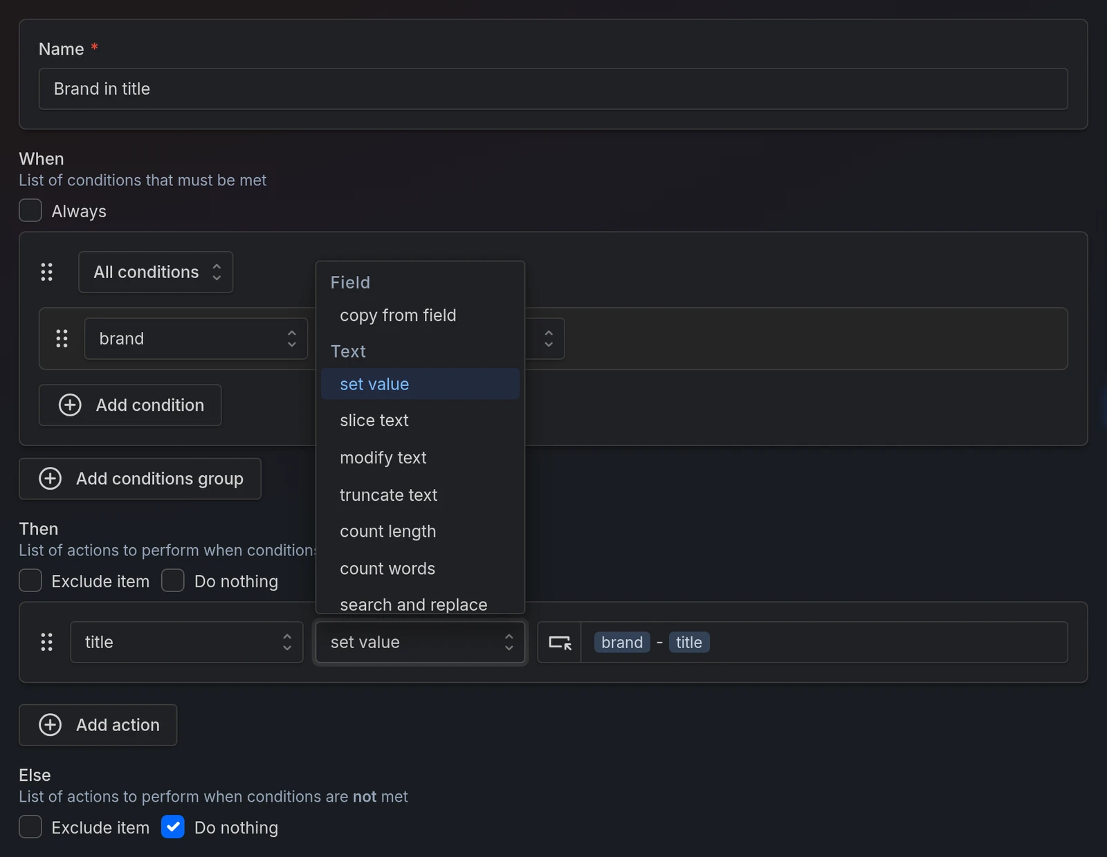 The action picker open on an export rule
