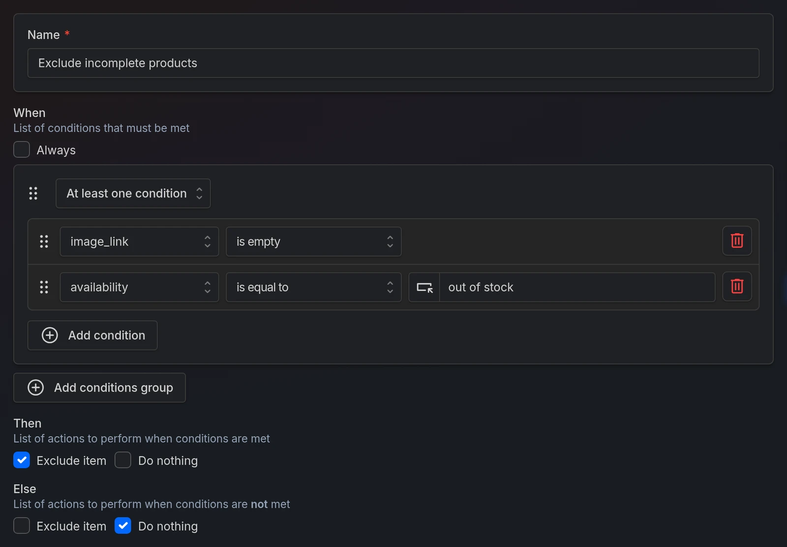 An import rule in the Import rules editor, with its When, Then and Else sections