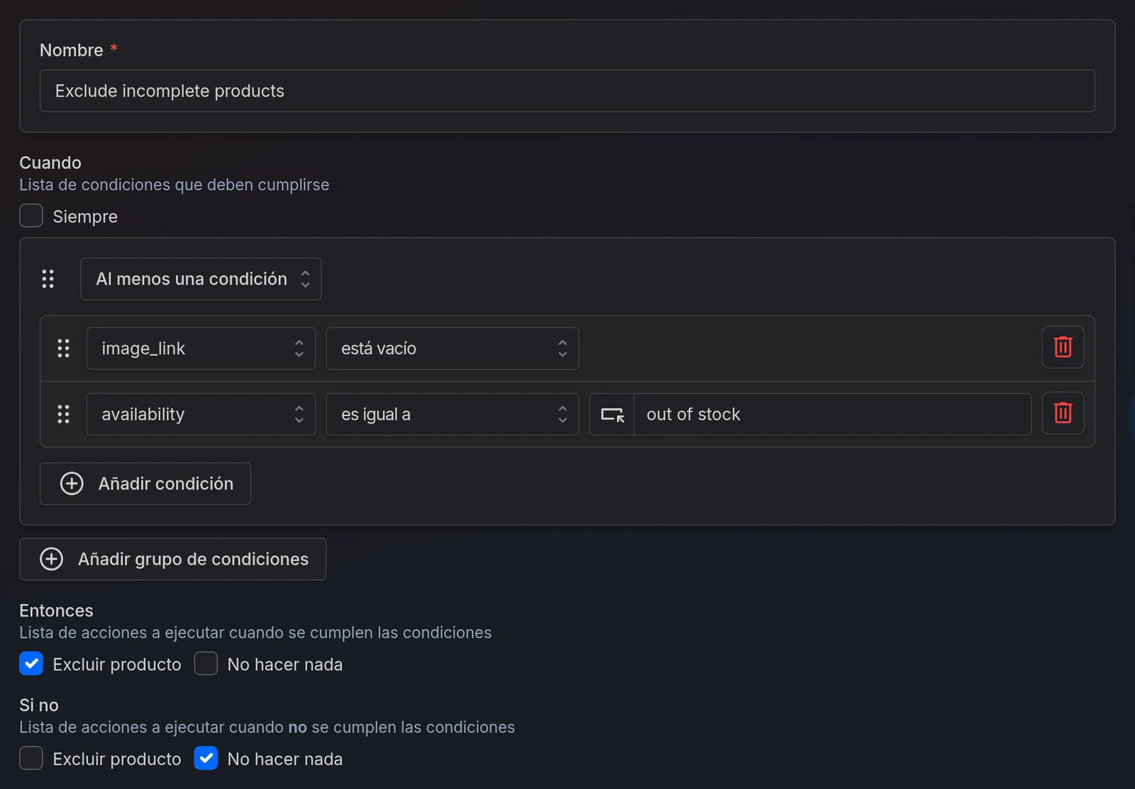 Una regla en el editor de Reglas de importación, con sus secciones Cuando, Entonces y Si no