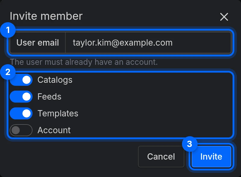 The Invite member dialog: User email, the permission toggles and the Invite button