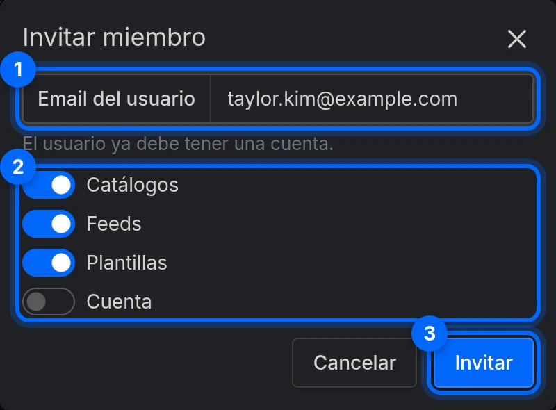 El diálogo Invitar miembro: Email del usuario, los interruptores de permisos y el botón Invitar