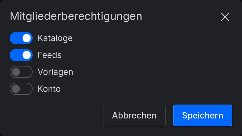 Der Dialog Mitgliederberechtigungen eines Mitglieds mit aktivierten Kataloge und Feeds