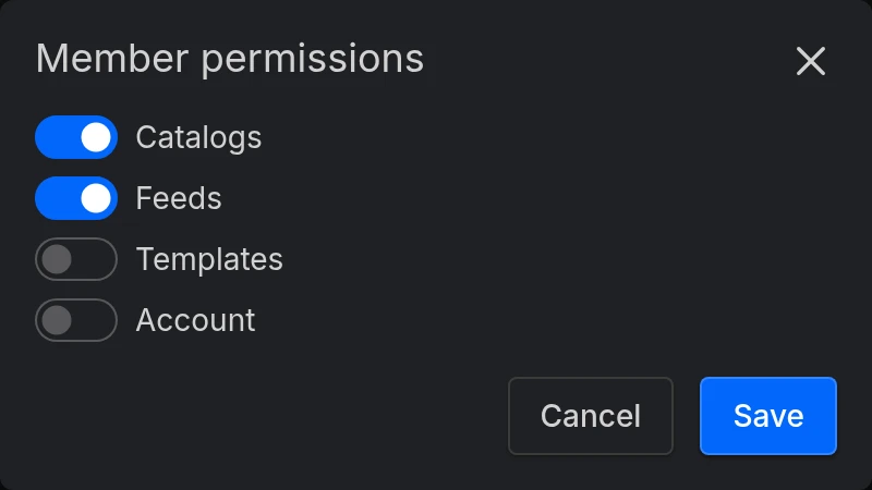 The Member permissions dialog of a member with Catalogs and Feeds on