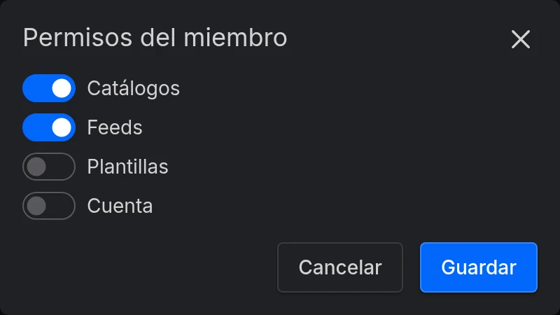 El diálogo Permisos del miembro de un miembro con Catálogos y Feeds activados