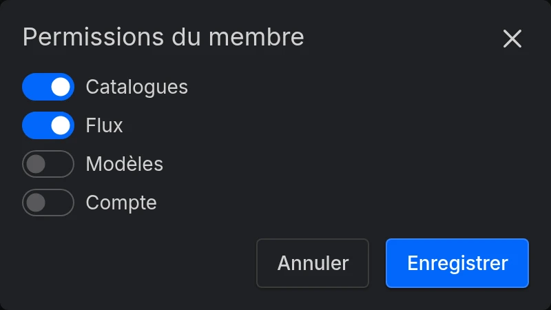 La boîte de dialogue Permissions du membre d'un membre avec Catalogues et Flux activés
