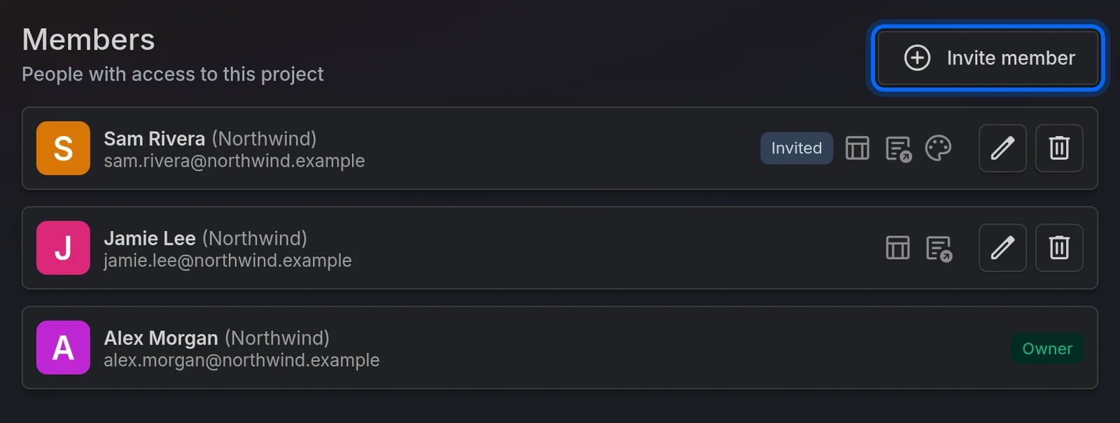 The Members page with the Invite member button, a member with the Invited badge and the Owner