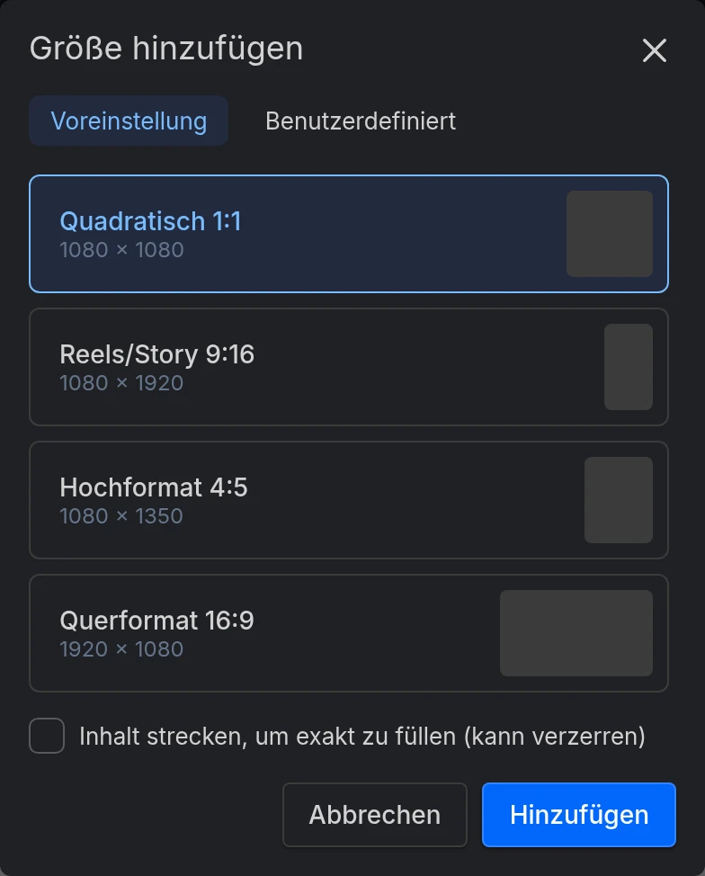 Der Dialog Größe hinzufügen mit seinen vordefinierten Größen