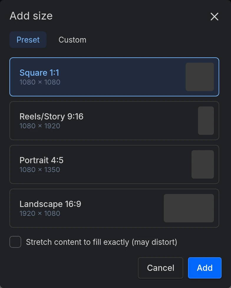 The Add size dialog with its presets
