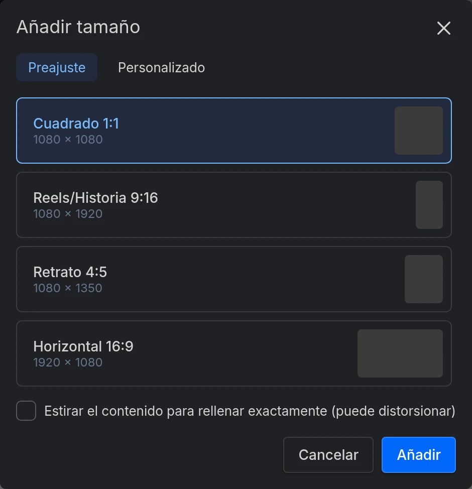El diálogo Añadir tamaño con sus tamaños predefinidos