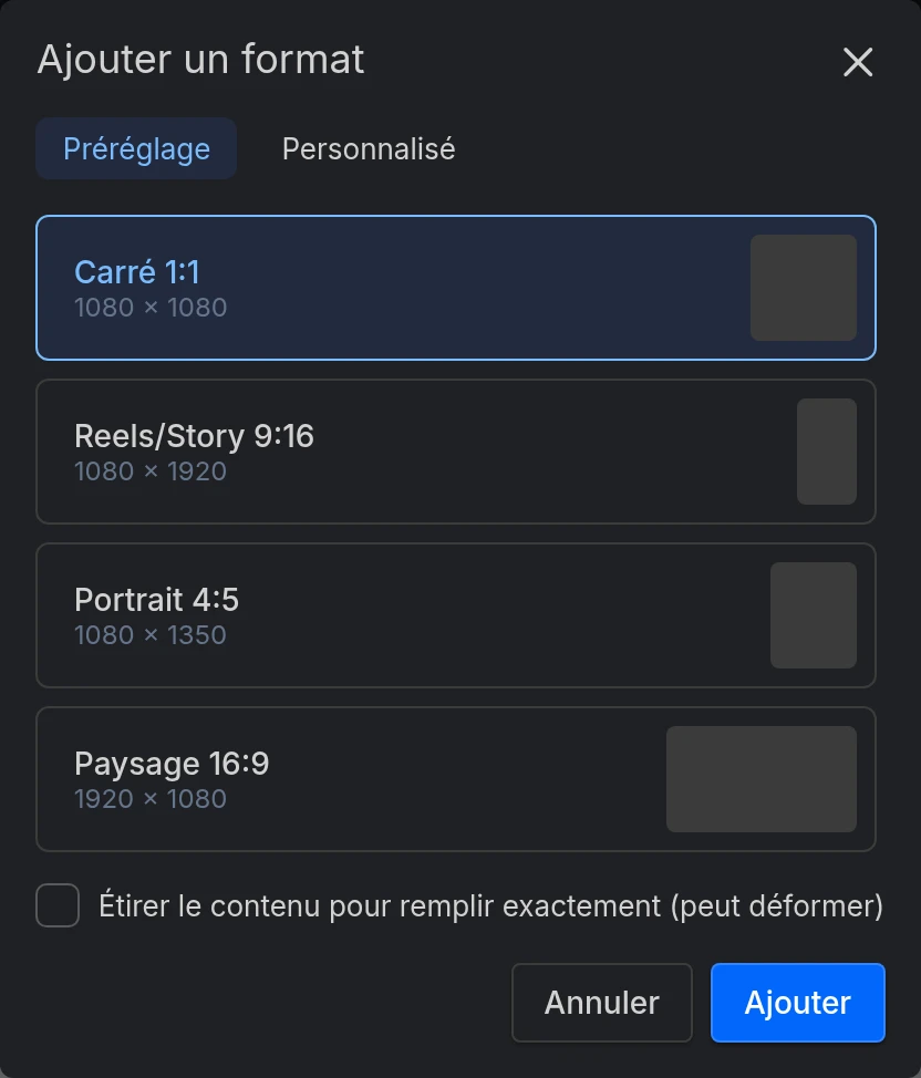 La boîte de dialogue Ajouter un format et ses formats prédéfinis