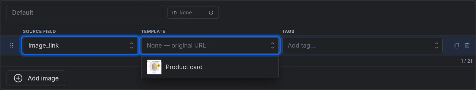 An image entry in the feed's Media tab, choosing a Template