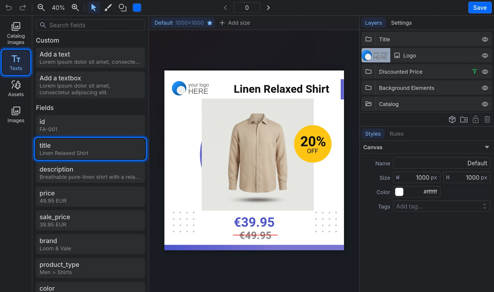 The Texts panel, with each field's value for the current product