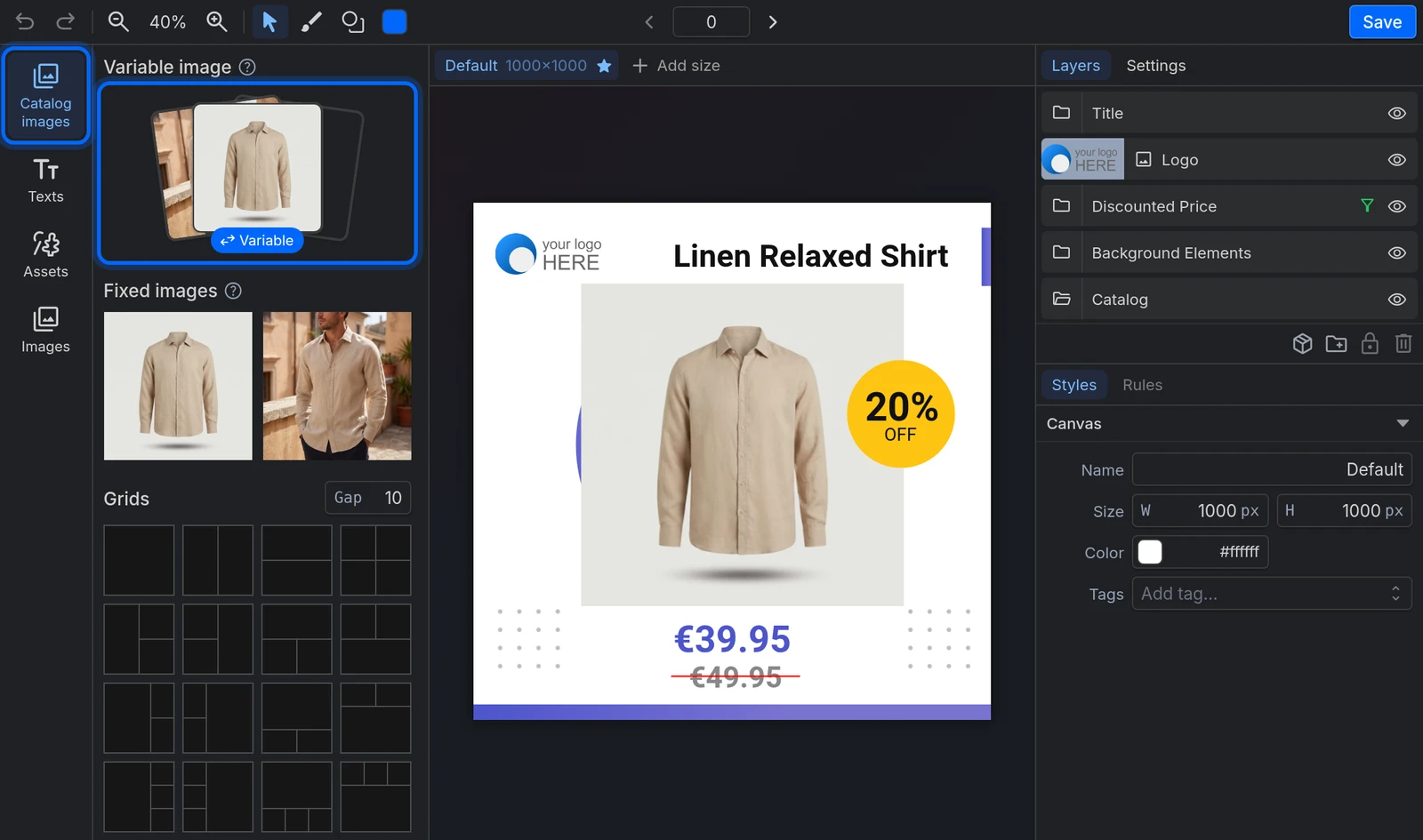 The Catalog images panel: the Variable image, the Fixed images and the Grids