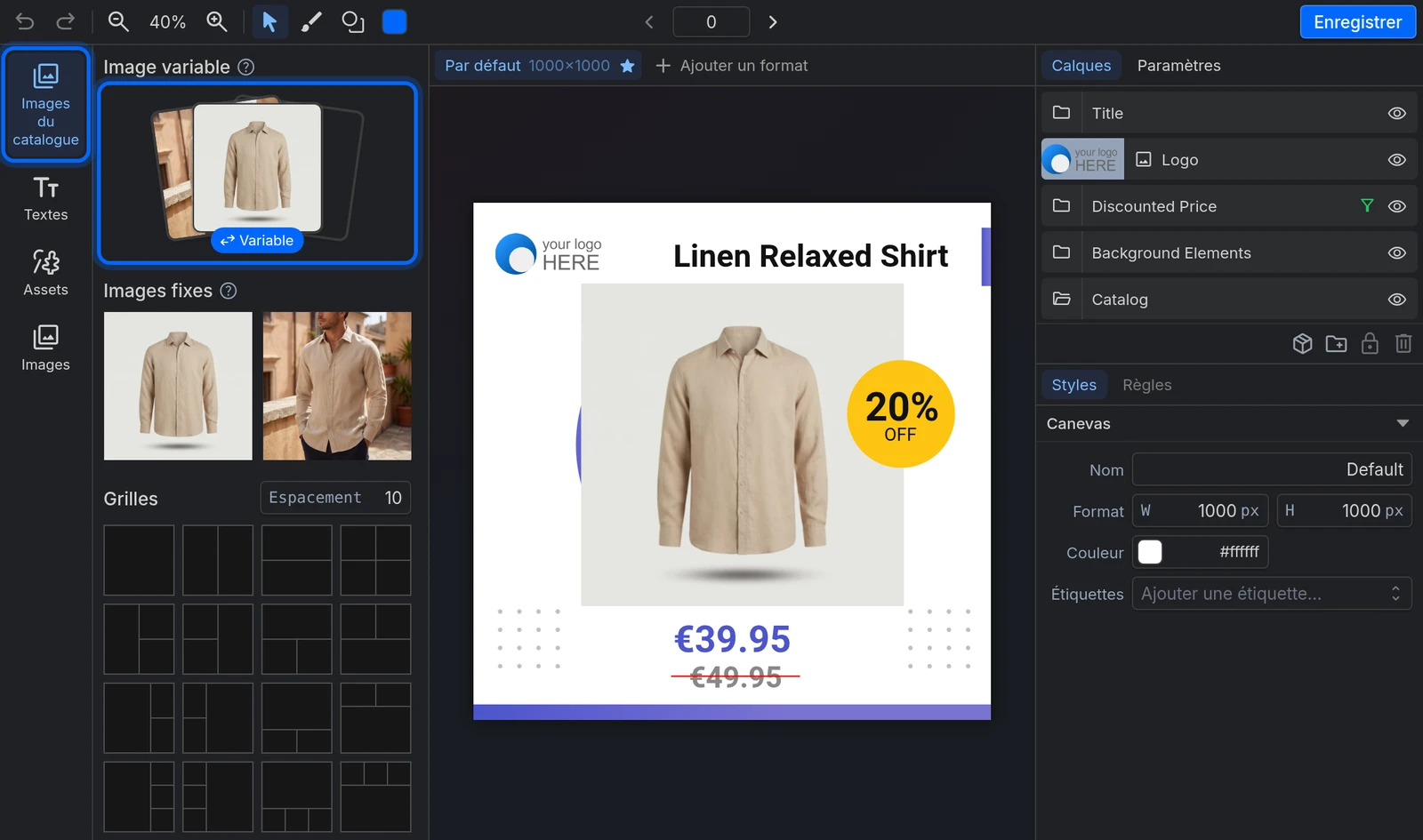Le panneau Images du catalogue : l'Image variable, les Images fixes et les Grilles